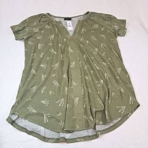 NWT Lane Bryant Dolman Short-Sleeve Notch-Neck Top 14/16 Olive Floral Gauze Cool